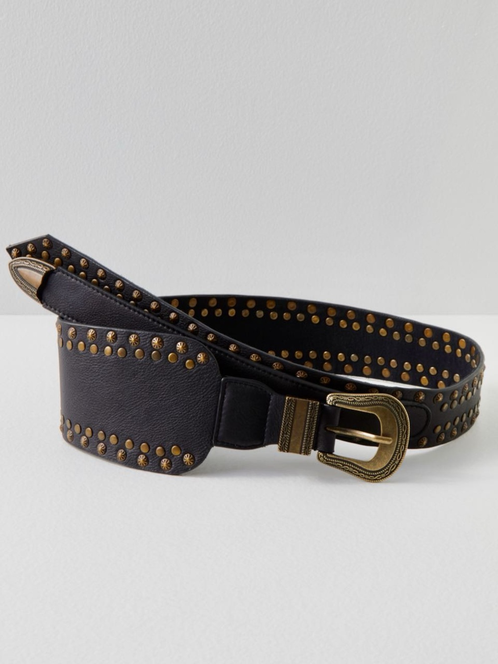 Free People Black Leather Studded Western Belt with Antiqued Gold Buckle